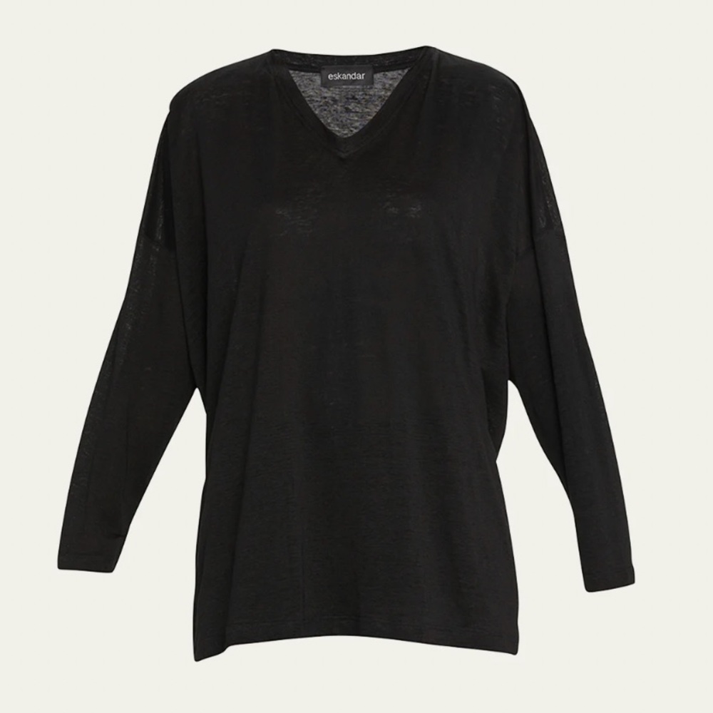 ESKANDAR V-Neck Linen Long Sleeve T-Shirt in Black